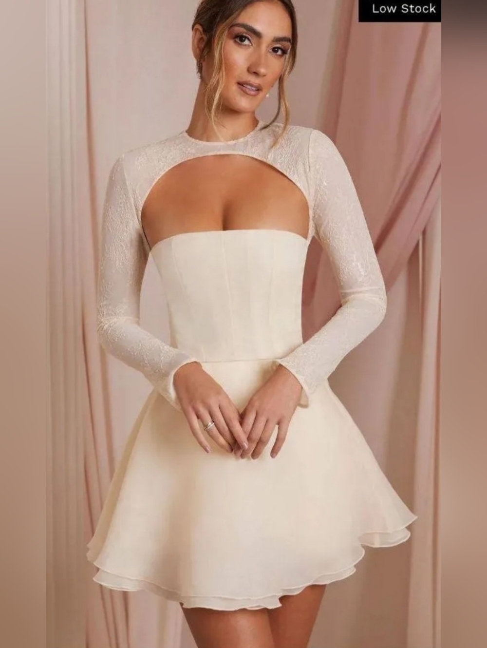 Oh Polly CLAUDETTE Long Sleeve Tulle Skirt Mini Dress in Ivory Flirty/Sexy